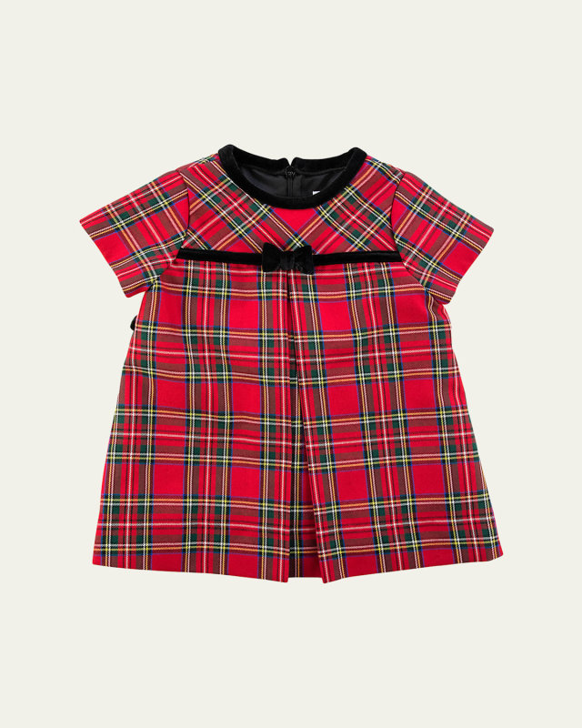Girl's Tartan Plaid Dress W/ Velvet Button, Size 6M-